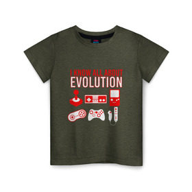 Детская футболка хлопок с принтом Я знаю всё об эволюции в Екатеринбурге, 100% хлопок | круглый вырез горловины, полуприлегающий силуэт, длина до линии бедер | action | dendy | evolution | game | joystick | mario | nintendo | sega | денди | джойстик | игра | игры | картридж | компьютер | марио | нинтендо | приставка | сега | тетрис | эволюция