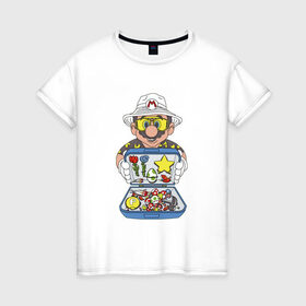 Женская футболка хлопок с принтом Марио в Екатеринбурге, 100% хлопок | прямой крой, круглый вырез горловины, длина до линии бедер, слегка спущенное плечо | бонусы | грибы | денди | звезда | игра | молоток | перо | сега | цветы | чемодан | яйцо