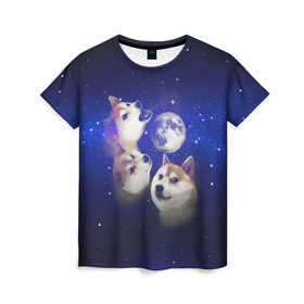 Женская футболка 3D с принтом Космопес Хатико в Екатеринбурге, 100% полиэфир ( синтетическое хлопкоподобное полотно) | прямой крой, круглый вырез горловины, длина до линии бедер | акита ину | взгляд | голова | звезды | космос | лай | луна | мем | пасть | пес | собака | хатико