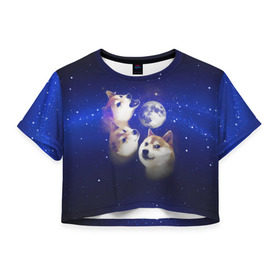 Женская футболка 3D укороченная с принтом Космопес Хатико в Екатеринбурге, 100% полиэстер | круглая горловина, длина футболки до линии талии, рукава с отворотами | акита ину | взгляд | голова | звезды | космос | лай | луна | мем | пасть | пес | собака | хатико