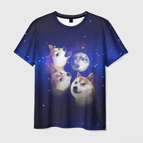 Мужская футболка 3D с принтом Космопес Хатико в Екатеринбурге, 100% полиэфир | прямой крой, круглый вырез горловины, длина до линии бедер | акита ину | взгляд | голова | звезды | космос | лай | луна | мем | пасть | пес | собака | хатико