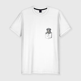 Мужская футболка премиум с принтом Карман в Екатеринбурге, 92% хлопок, 8% лайкра | приталенный силуэт, круглый вырез ворота, длина до линии бедра, короткий рукав | Тематика изображения на принте: дог | карман | собака | щенок