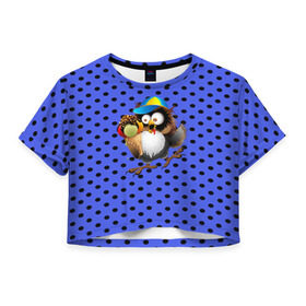 Женская футболка 3D укороченная с принтом Счастливый совенок в Екатеринбурге, 100% полиэстер | круглая горловина, длина футболки до линии талии, рукава с отворотами | owl | summer | животные | лето | мороженое | полуночник | природа | сова | сыч | филин