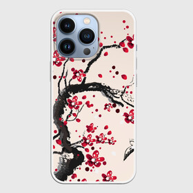 Чехол для iPhone 13 Pro с принтом Сакура в Екатеринбурге,  |  | Тематика изображения на принте: вишня | дерево | зима | красный | новинки | птицы | черный | япония