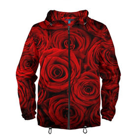 Мужская ветровка 3D с принтом Красные розы в Екатеринбурге, 100% полиэстер | подол и капюшон оформлены резинкой с фиксаторами, два кармана без застежек по бокам, один потайной карман на груди | Тематика изображения на принте: букет | красный | розы | цветы