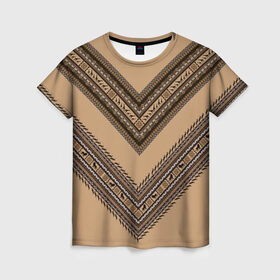 Женская футболка 3D с принтом Tribal V-shape в Екатеринбурге, 100% полиэфир ( синтетическое хлопкоподобное полотно) | прямой крой, круглый вырез горловины, длина до линии бедер | african | ethnic | tribal | африка | африканский | бежевый | трайбал | узор | черный | этно