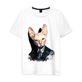 Мужская футболка хлопок с принтом Сфинкс в Екатеринбурге, 100% хлопок | прямой крой, круглый вырез горловины, длина до линии бедер, слегка спущенное плечо. | Тематика изображения на принте: кот | лысый кот