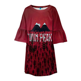 Детское платье 3D с принтом Лес Twin Peaks в Екатеринбурге, 100% полиэстер | прямой силуэт, чуть расширенный к низу. Круглая горловина, на рукавах — воланы | Тематика изображения на принте: горы | надпись | ретро | твин пикс