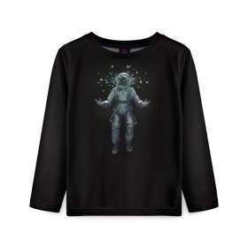 Детский лонгслив 3D с принтом Космонавт с Бабочками в Екатеринбурге, 100% полиэстер | длинные рукава, круглый вырез горловины, полуприлегающий силуэт
 | астронавт | время первых | вселенная | гагарин | галактика | гравитация | звезды | интерстеллар | космический | луна | магия | млечный путь | невесомость | полет | скафандр | черная дыра