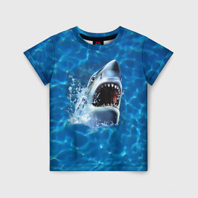 Детская футболка 3D с принтом Пасть акулы в Екатеринбурге, 100% гипоаллергенный полиэфир | прямой крой, круглый вырез горловины, длина до линии бедер, чуть спущенное плечо, ткань немного тянется | Тематика изображения на принте: акула | атака | белая | брызги | вода | волны | зубы | капли | море | океан | опасность | синяя | челюсти | эффект