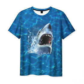 Мужская футболка 3D с принтом Пасть акулы в Екатеринбурге, 100% полиэфир | прямой крой, круглый вырез горловины, длина до линии бедер | акула | атака | белая | брызги | вода | волны | зубы | капли | море | океан | опасность | синяя | челюсти | эффект