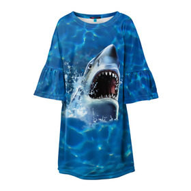 Детское платье 3D с принтом Пасть акулы в Екатеринбурге, 100% полиэстер | прямой силуэт, чуть расширенный к низу. Круглая горловина, на рукавах — воланы | Тематика изображения на принте: акула | атака | белая | брызги | вода | волны | зубы | капли | море | океан | опасность | синяя | челюсти | эффект