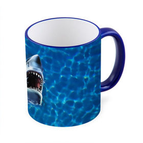 Кружка 3D с принтом Пасть акулы в Екатеринбурге, керамика | ёмкость 330 мл | акула | атака | белая | брызги | вода | волны | зубы | капли | море | океан | опасность | синяя | челюсти | эффект