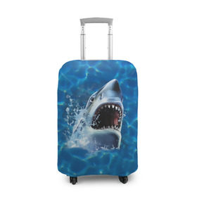 Чехол для чемодана 3D с принтом Пасть акулы в Екатеринбурге, 86% полиэфир, 14% спандекс | двустороннее нанесение принта, прорези для ручек и колес | акула | атака | белая | брызги | вода | волны | зубы | капли | море | океан | опасность | синяя | челюсти | эффект