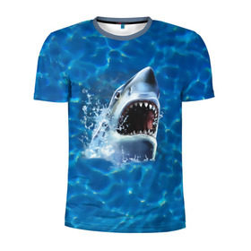 Мужская футболка 3D спортивная с принтом Пасть акулы в Екатеринбурге, 100% полиэстер с улучшенными характеристиками | приталенный силуэт, круглая горловина, широкие плечи, сужается к линии бедра | акула | атака | белая | брызги | вода | волны | зубы | капли | море | океан | опасность | синяя | челюсти | эффект