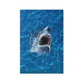 Обложка для паспорта матовая кожа с принтом Пасть акулы в Екатеринбурге, натуральная матовая кожа | размер 19,3 х 13,7 см; прозрачные пластиковые крепления | акула | атака | белая | брызги | вода | волны | зубы | капли | море | океан | опасность | синяя | челюсти | эффект