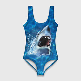 Купальник-боди 3D с принтом Пасть акулы в Екатеринбурге, 82% полиэстер, 18% эластан | Круглая горловина, круглый вырез на спине | акула | атака | белая | брызги | вода | волны | зубы | капли | море | океан | опасность | синяя | челюсти | эффект