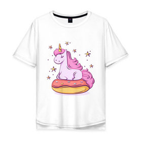 Мужская футболка хлопок Oversize с принтом Единорог в Екатеринбурге, 100% хлопок | свободный крой, круглый ворот, “спинка” длиннее передней части | donut | pink | star | unicorn | единорог | звезды | конь | милота | пончик | сказка