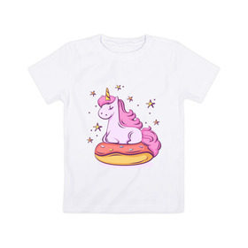 Детская футболка хлопок с принтом Единорог в Екатеринбурге, 100% хлопок | круглый вырез горловины, полуприлегающий силуэт, длина до линии бедер | donut | pink | star | unicorn | единорог | звезды | конь | милота | пончик | сказка