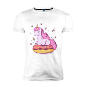 Мужская футболка премиум с принтом Единорог в Екатеринбурге, 92% хлопок, 8% лайкра | приталенный силуэт, круглый вырез ворота, длина до линии бедра, короткий рукав | Тематика изображения на принте: donut | pink | star | unicorn | единорог | звезды | конь | милота | пончик | сказка
