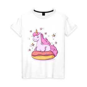Женская футболка хлопок с принтом Единорог в Екатеринбурге, 100% хлопок | прямой крой, круглый вырез горловины, длина до линии бедер, слегка спущенное плечо | donut | pink | star | unicorn | единорог | звезды | конь | милота | пончик | сказка