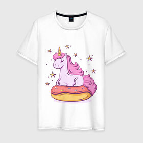 Мужская футболка хлопок с принтом Единорог в Екатеринбурге, 100% хлопок | прямой крой, круглый вырез горловины, длина до линии бедер, слегка спущенное плечо. | donut | pink | star | unicorn | единорог | звезды | конь | милота | пончик | сказка