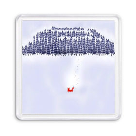 Магнит 55*55 с принтом Лисичка уходит из леса в Екатеринбурге, Пластик | Размер: 65*65 мм; Размер печати: 55*55 мм | Тематика изображения на принте: fox | деревья | дремучий | елка | ель | зима | лес | лис | лиса | лисенок | природа | рыжая | следы | снег | тайга | уши | хвост