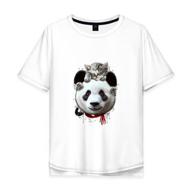 Мужская футболка хлопок Oversize с принтом Панда и котенок в Екатеринбурге, 100% хлопок | свободный крой, круглый ворот, “спинка” длиннее передней части | cat | panda | добро | друг | животные | кот | котенок | кошка | лучший | медведь | милый | мишка | нежный | панда