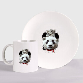 Набор: тарелка + кружка с принтом Панда и котенок в Екатеринбурге, керамика | Кружка: объем — 330 мл, диаметр — 80 мм. Принт наносится на бока кружки, можно сделать два разных изображения. 
Тарелка: диаметр - 210 мм, диаметр для нанесения принта - 120 мм. | Тематика изображения на принте: cat | panda | добро | друг | животные | кот | котенок | кошка | лучший | медведь | милый | мишка | нежный | панда