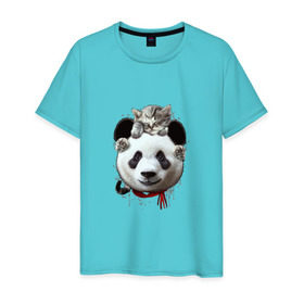 Мужская футболка хлопок с принтом Панда и котенок в Екатеринбурге, 100% хлопок | прямой крой, круглый вырез горловины, длина до линии бедер, слегка спущенное плечо. | Тематика изображения на принте: cat | panda | добро | друг | животные | кот | котенок | кошка | лучший | медведь | милый | мишка | нежный | панда
