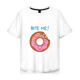 Мужская футболка хлопок Oversize с принтом Укуси меня в Екатеринбурге, 100% хлопок | свободный крой, круглый ворот, “спинка” длиннее передней части | Тематика изображения на принте: bart | donut | food | homer | simpsons | аппетит | барт | гомер | еда | мультфильм | пончик | симпсоны | сладкий