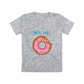 Детская футболка хлопок с принтом Укуси меня в Екатеринбурге, 100% хлопок | круглый вырез горловины, полуприлегающий силуэт, длина до линии бедер | bart | donut | food | homer | simpsons | аппетит | барт | гомер | еда | мультфильм | пончик | симпсоны | сладкий