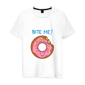 Мужская футболка хлопок с принтом Укуси меня в Екатеринбурге, 100% хлопок | прямой крой, круглый вырез горловины, длина до линии бедер, слегка спущенное плечо. | bart | donut | food | homer | simpsons | аппетит | барт | гомер | еда | мультфильм | пончик | симпсоны | сладкий