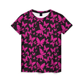 Женская футболка 3D с принтом Розовые бабочки в Екатеринбурге, 100% полиэфир ( синтетическое хлопкоподобное полотно) | прямой крой, круглый вырез горловины, длина до линии бедер | butterflies | pink | бабочки | красота | крылья | нежность | орнамент | розовый | узор