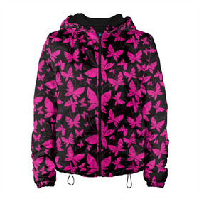 Женская куртка 3D с принтом Розовые бабочки в Екатеринбурге, ткань верха — 100% полиэстер, подклад — флис | прямой крой, подол и капюшон оформлены резинкой с фиксаторами, два кармана без застежек по бокам, один большой потайной карман на груди. Карман на груди застегивается на липучку | butterflies | pink | бабочки | красота | крылья | нежность | орнамент | розовый | узор