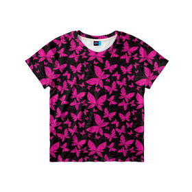 Детская футболка 3D с принтом Розовые бабочки в Екатеринбурге, 100% гипоаллергенный полиэфир | прямой крой, круглый вырез горловины, длина до линии бедер, чуть спущенное плечо, ткань немного тянется | Тематика изображения на принте: butterflies | pink | бабочки | красота | крылья | нежность | орнамент | розовый | узор