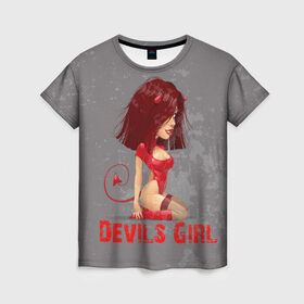 Женская футболка 3D с принтом Devils Girl в Екатеринбурге, 100% полиэфир ( синтетическое хлопкоподобное полотно) | прямой крой, круглый вырез горловины, длина до линии бедер | devils girl |   дьявол | грешница | люцифер | сатана