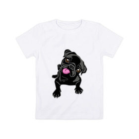 Детская футболка хлопок с принтом Забавный мопсик в Екатеринбурге, 100% хлопок | круглый вырез горловины, полуприлегающий силуэт, длина до линии бедер | Тематика изображения на принте: animal | dog | pet | pug | puppy | арт | животные | милые | мопс | пес | собаки | французский бульдог