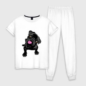 Женская пижама хлопок с принтом Забавный мопсик в Екатеринбурге, 100% хлопок | брюки и футболка прямого кроя, без карманов, на брюках мягкая резинка на поясе и по низу штанин | animal | dog | pet | pug | puppy | арт | животные | милые | мопс | пес | собаки | французский бульдог