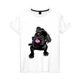 Женская футболка хлопок с принтом Забавный мопсик в Екатеринбурге, 100% хлопок | прямой крой, круглый вырез горловины, длина до линии бедер, слегка спущенное плечо | animal | dog | pet | pug | puppy | арт | животные | милые | мопс | пес | собаки | французский бульдог