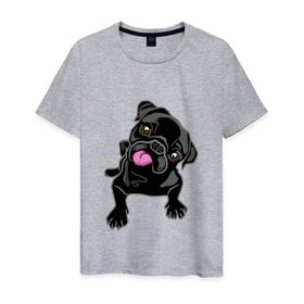 Мужская футболка хлопок с принтом Забавный мопсик в Екатеринбурге, 100% хлопок | прямой крой, круглый вырез горловины, длина до линии бедер, слегка спущенное плечо. | Тематика изображения на принте: animal | dog | pet | pug | puppy | арт | животные | милые | мопс | пес | собаки | французский бульдог