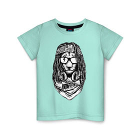 Детская футболка хлопок с принтом Лев растаман в Екатеринбурге, 100% хлопок | круглый вырез горловины, полуприлегающий силуэт, длина до линии бедер | reggae | бандана | брейды | дреды | музыка | наушники | очки | платок | повязка | регги