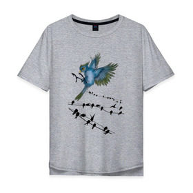 Мужская футболка хлопок Oversize с принтом Ласточка в Екатеринбурге, 100% хлопок | свободный крой, круглый ворот, “спинка” длиннее передней части | весна | колибри | крылья | мызыка | ноты | пение | перо | перышко | перья