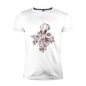 Мужская футболка премиум с принтом Steampunk octopus в Екатеринбурге, 92% хлопок, 8% лайкра | приталенный силуэт, круглый вырез ворота, длина до линии бедра, короткий рукав | Тематика изображения на принте: gear | octopus | sea | steampunk | арт | осьминог | стимпанк | шестеренка