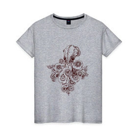 Женская футболка хлопок с принтом Steampunk octopus в Екатеринбурге, 100% хлопок | прямой крой, круглый вырез горловины, длина до линии бедер, слегка спущенное плечо | gear | octopus | sea | steampunk | арт | осьминог | стимпанк | шестеренка