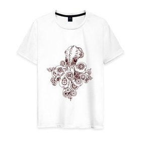 Мужская футболка хлопок с принтом Steampunk octopus в Екатеринбурге, 100% хлопок | прямой крой, круглый вырез горловины, длина до линии бедер, слегка спущенное плечо. | Тематика изображения на принте: gear | octopus | sea | steampunk | арт | осьминог | стимпанк | шестеренка