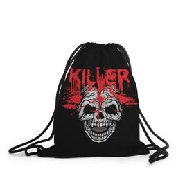 Рюкзак-мешок 3D с принтом Killer в Екатеринбурге, 100% полиэстер | плотность ткани — 200 г/м2, размер — 35 х 45 см; лямки — толстые шнурки, застежка на шнуровке, без карманов и подкладки | blood | dead | death | drops | fear | halloween | happy | holiday | killer | red | skull | splashes | брызги | капли | красный | кровь | мертвый | праздник | счастливый | хэллоуин | череп
