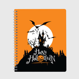 Тетрадь с принтом Happy Halloween в Екатеринбурге, 100% бумага | 48 листов, плотность листов — 60 г/м2, плотность картонной обложки — 250 г/м2. Листы скреплены сбоку удобной пружинной спиралью. Уголки страниц и обложки скругленные. Цвет линий — светло-серый
 | cemetery | corpse | flying | forest | gallows | halloween | happy | holiday | house | mice | moon | night | owl | pumpkin | silhouette | tree | виселица | дерево | дом | кладбище | ле | летучие | луна | мертвец | мыши | ночь | праздник | силуэт | сова | с