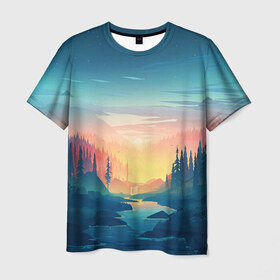 Мужская футболка 3D с принтом Лес в Екатеринбурге, 100% полиэфир | прямой крой, круглый вырез горловины, длина до линии бедер | firewatch | forest | nature | river | tree | trees | деревья | лес | природа | река