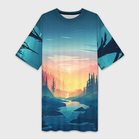 Платье-футболка 3D с принтом Лес в Екатеринбурге,  |  | firewatch | forest | nature | river | tree | trees | деревья | лес | природа | река